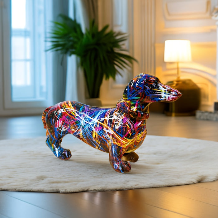 Kunstnerisk fargerik dachshund figur, ideell for hjemmedekorasjon. En moderne og sjarmerende interiørdetalj.