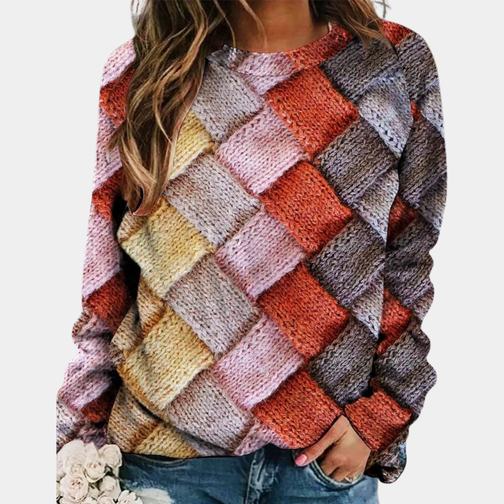 Fargerik strikket pullover for kvinner. Løs og komfortabel passform for en trendy og avslappet stil.