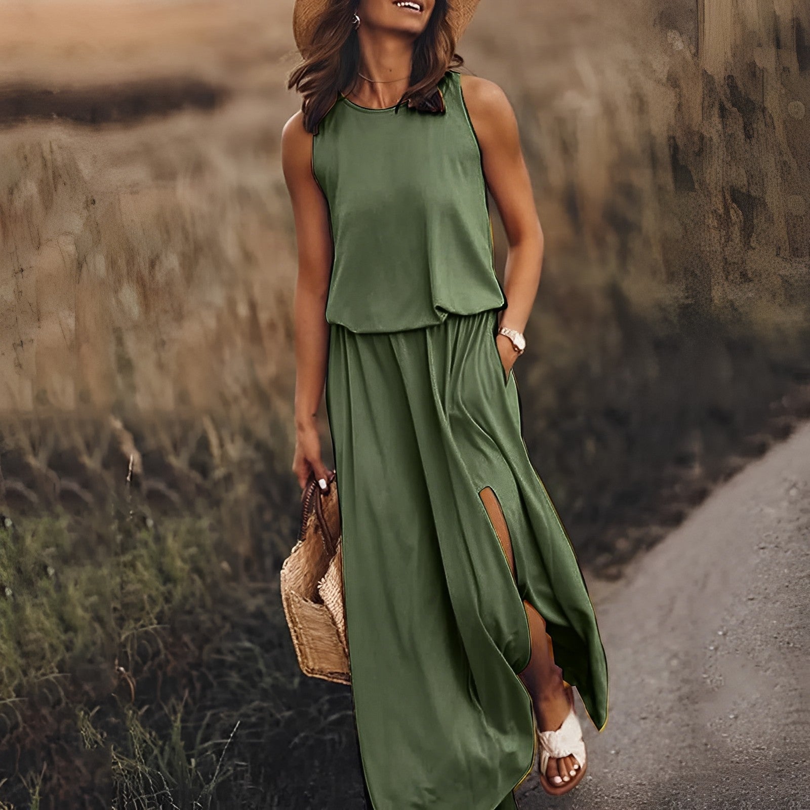 Elegant ermeløs maxikjole i fargerikt mønster for dame. Allsidig kjole til både fest og hverdag.