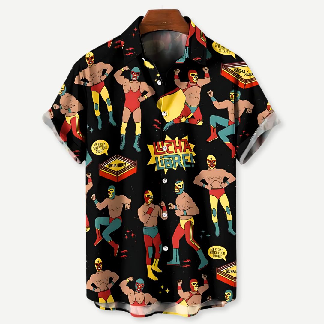 Levende Lucha Libre-design på en lettvektig og komfortabel herreskjorte, flott for fritid.