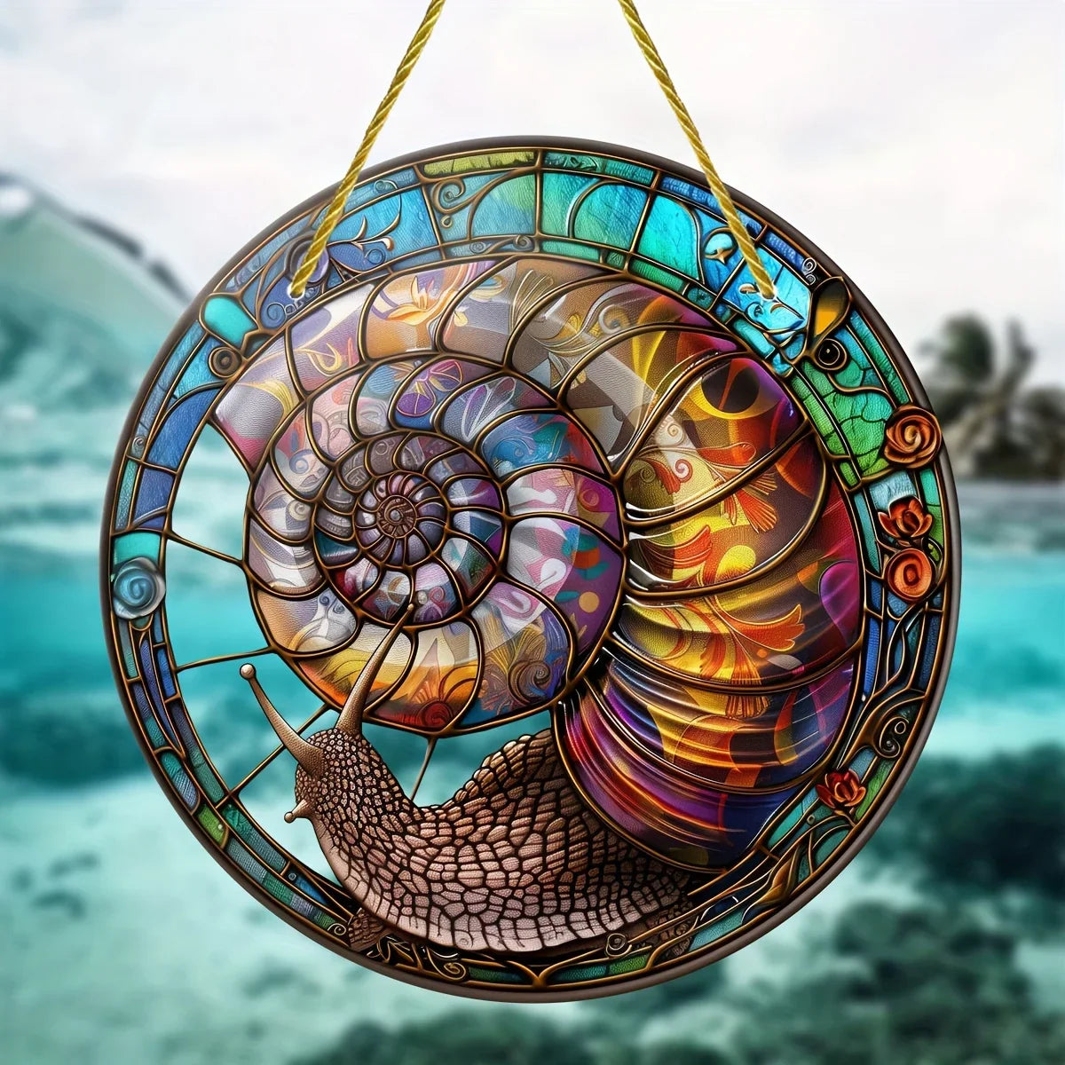 Håndlaget glasskunst solfanger med snegledesign. Ideell hagepynt eller vindusdekorasjon som fanger sollyset.