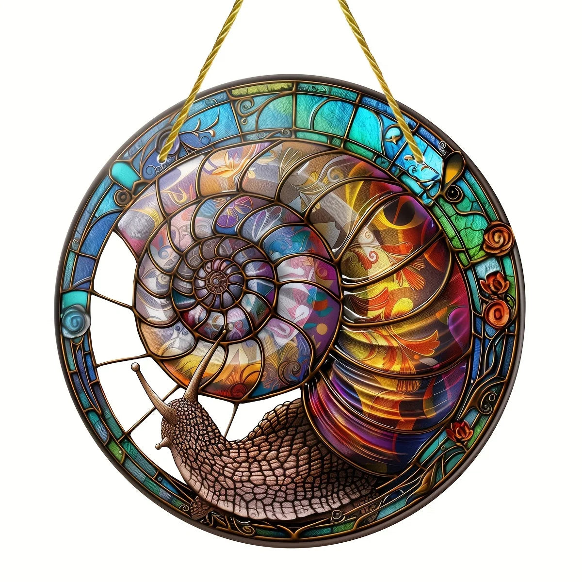 Detaljert snegledesign solfanger i fargerikt glass. Vakker hagepynt og vindusdekorasjon for innekos og uteområde.