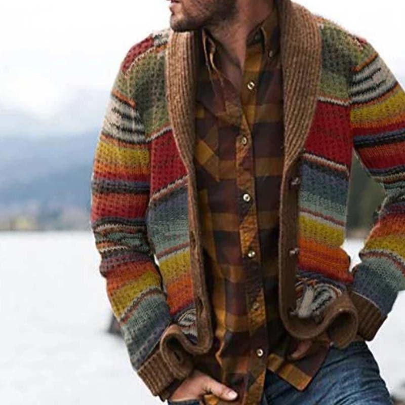 Herre cardigan med fargerike striper. Avslappet passform, ideell for hverdagsbruk og casual herremote.