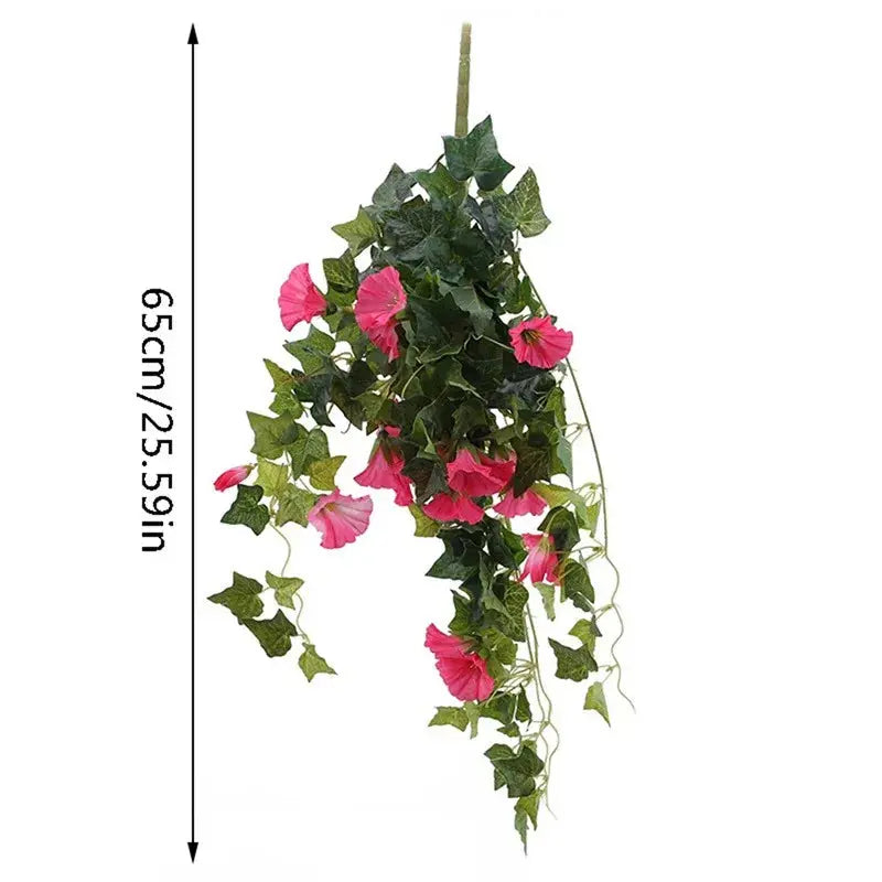 Kunstige morgenherlighetsblomster på balkong. UV-bestandige, fargerike silkeblomster for varig utendørs dekorasjon.