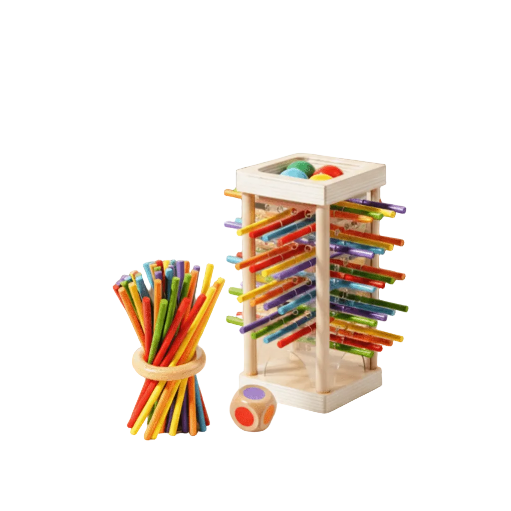 Komplett sett med Montessori tellepinner i tre, inkludert brett, tall og fargerike ringer for barn.