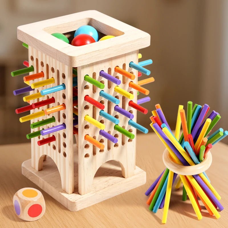 Komplett sett med Montessori tellepinner i tre, inkludert brett, tall og fargerike ringer for barn.