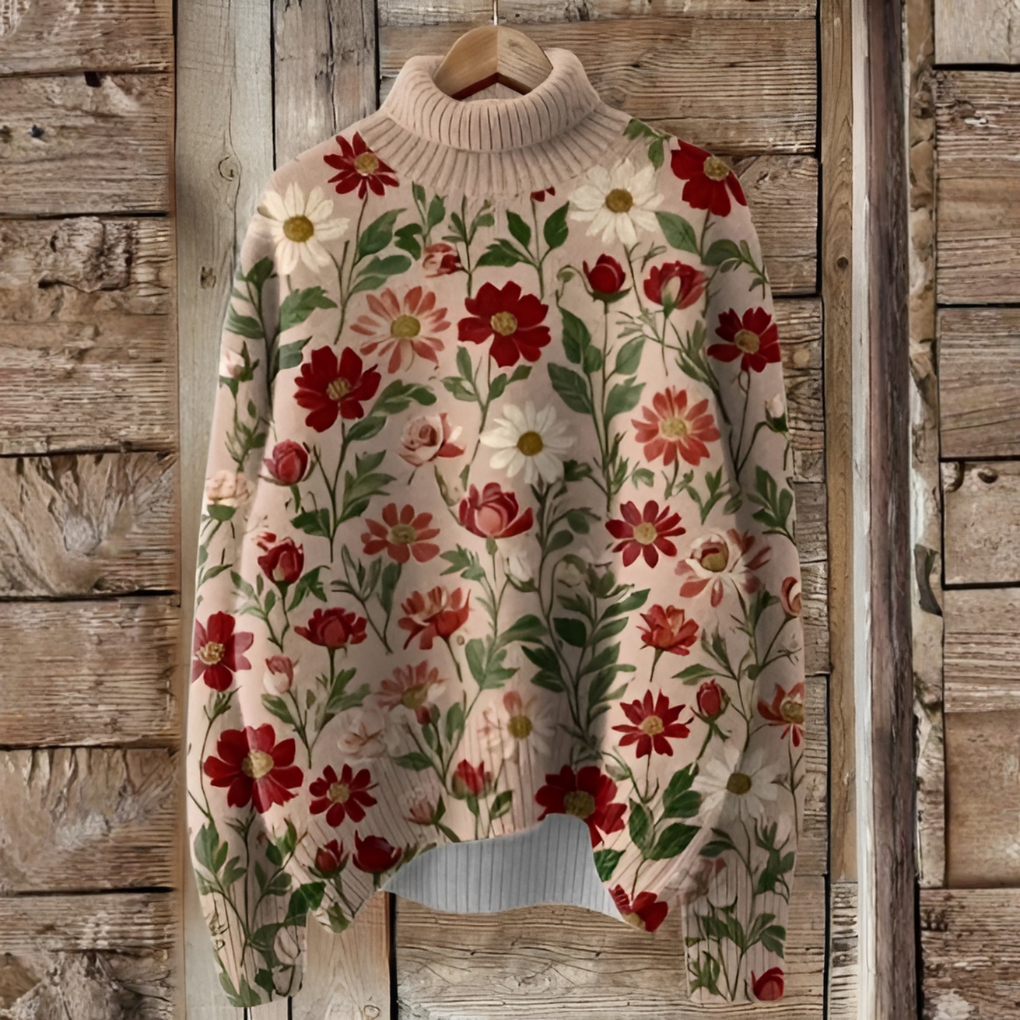 Festlig dame julegenser med vintage kunsttrykk, høy hals og behagelig strikk. Perfekt for vinter og høytid.