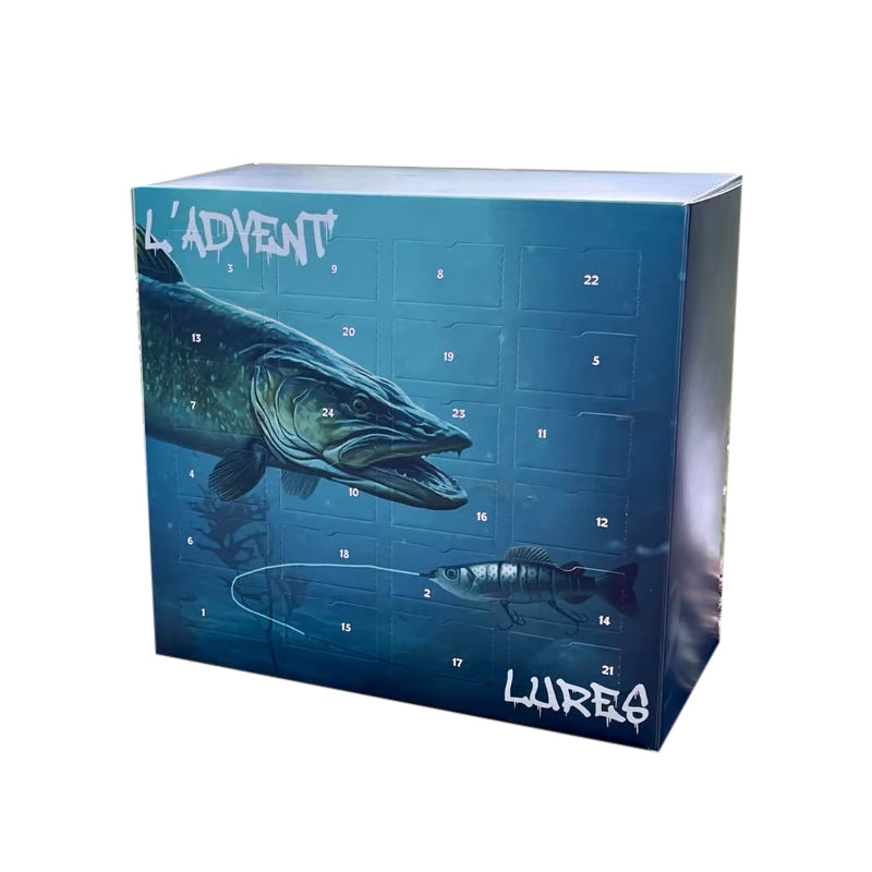 Visuelt tiltalende adventskalender med fiskeutstyr, klar til å skape juleglede.