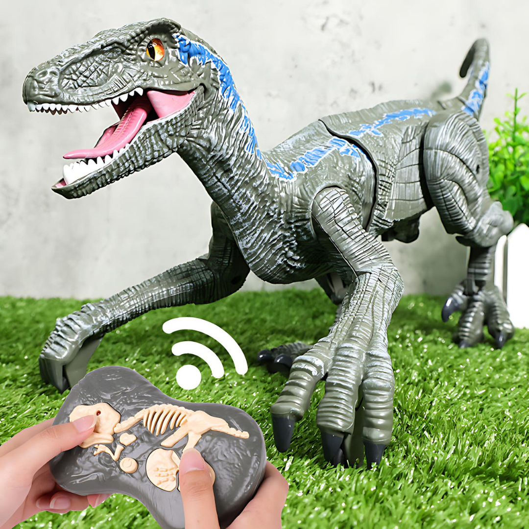 Barn styrer en realistisk dinosaurleke med fjernkontroll. Moro med LED-lys og tåkeeffekt.