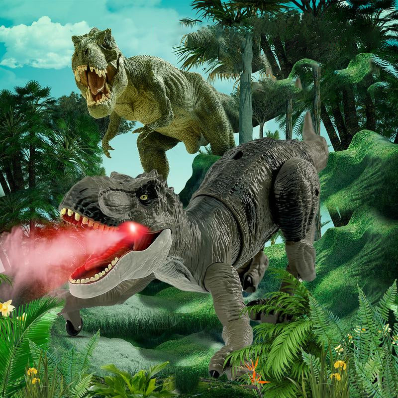 Et barn leker entusiastisk med en fjernstyrt velociraptor dinosaurleke innendørs.