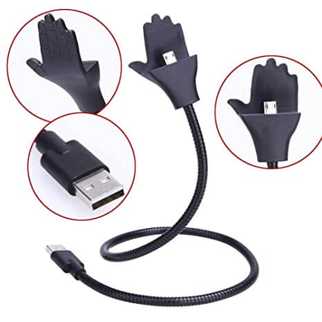 Svart fleksibel ladekabel og mobilholder som et nyttig tilbehør for mobilen.