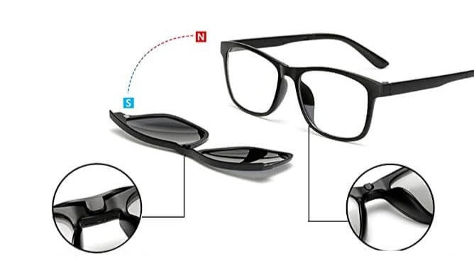 Øyebeskyttelse med fleksible klips-på solbriller, unisex, forbedrer synskomfort med polarisering.
