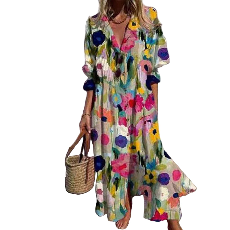 Flerfarget bohemsk maxi kjole for kvinner, perfekt for sommerdager og en avslappet elegant stil.
