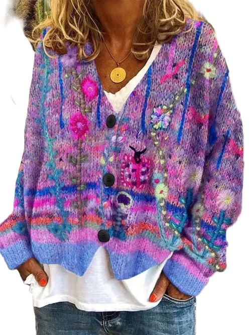 Flerfarget dame oversized strikket cardigan i chunky design med mønster og knappelukking, perfekt for høst og vinter.