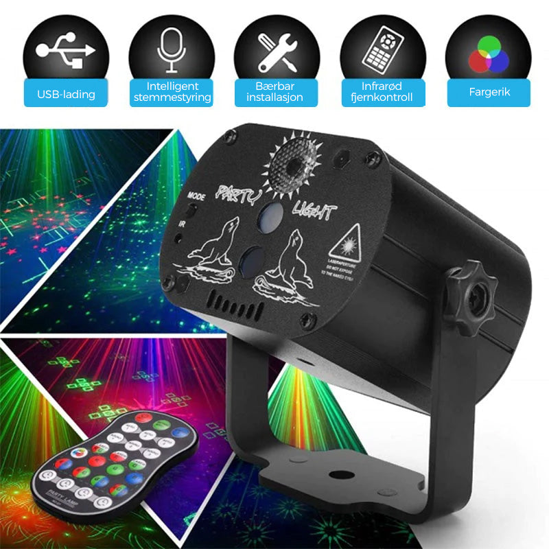 Dynamisk LED laserlys for fest, hage og eventer, perfekt som diskolys eller stemningsfull julebelysning.