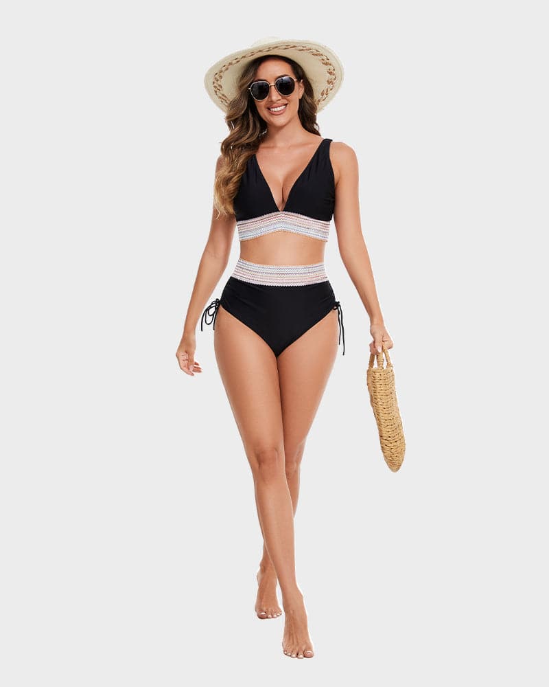 Formende bikini med magekontroll for kvinner, høy midje og fargeblokk design.