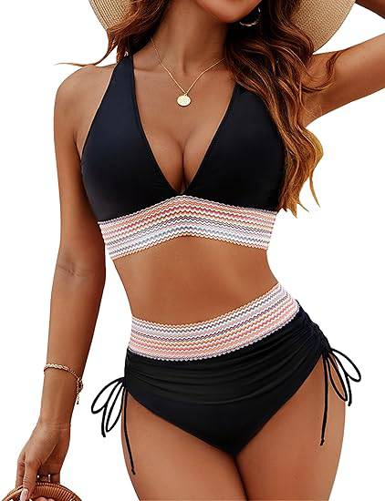 Elegant fargeblokk bikini, formende med høy midje for kvinner.