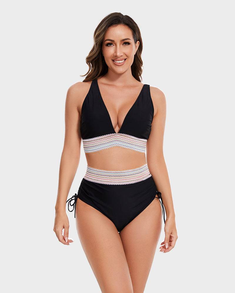 Formende badetøy for kvinner, trendy fargeblokk bikini med magekontroll.