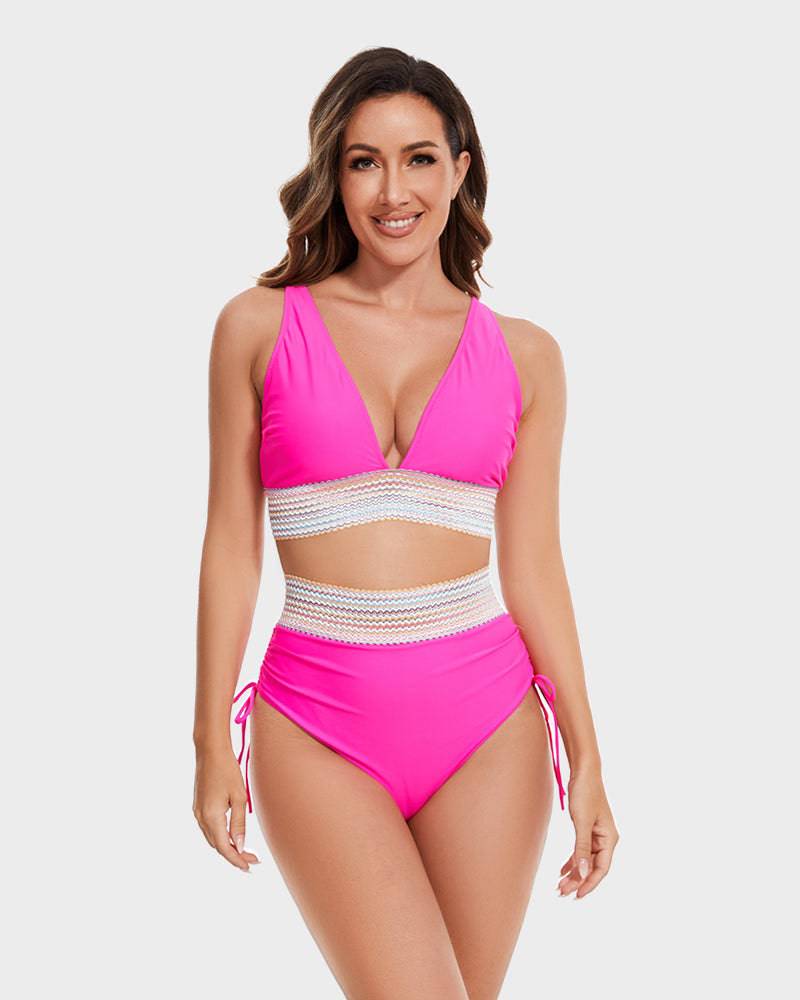 Fargeblokk bikini for kvinner, høy midje og formende for en slank silhuett.