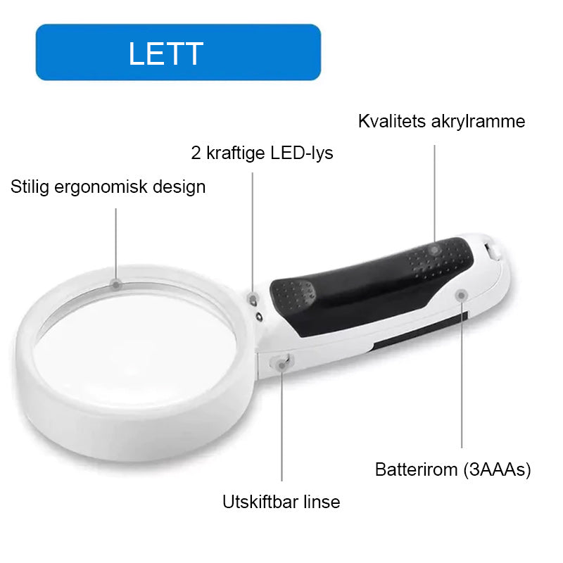 Nærbilde av forstørrelsesglass med klart akryllinse og lyssterke LED-lys for presisjon.