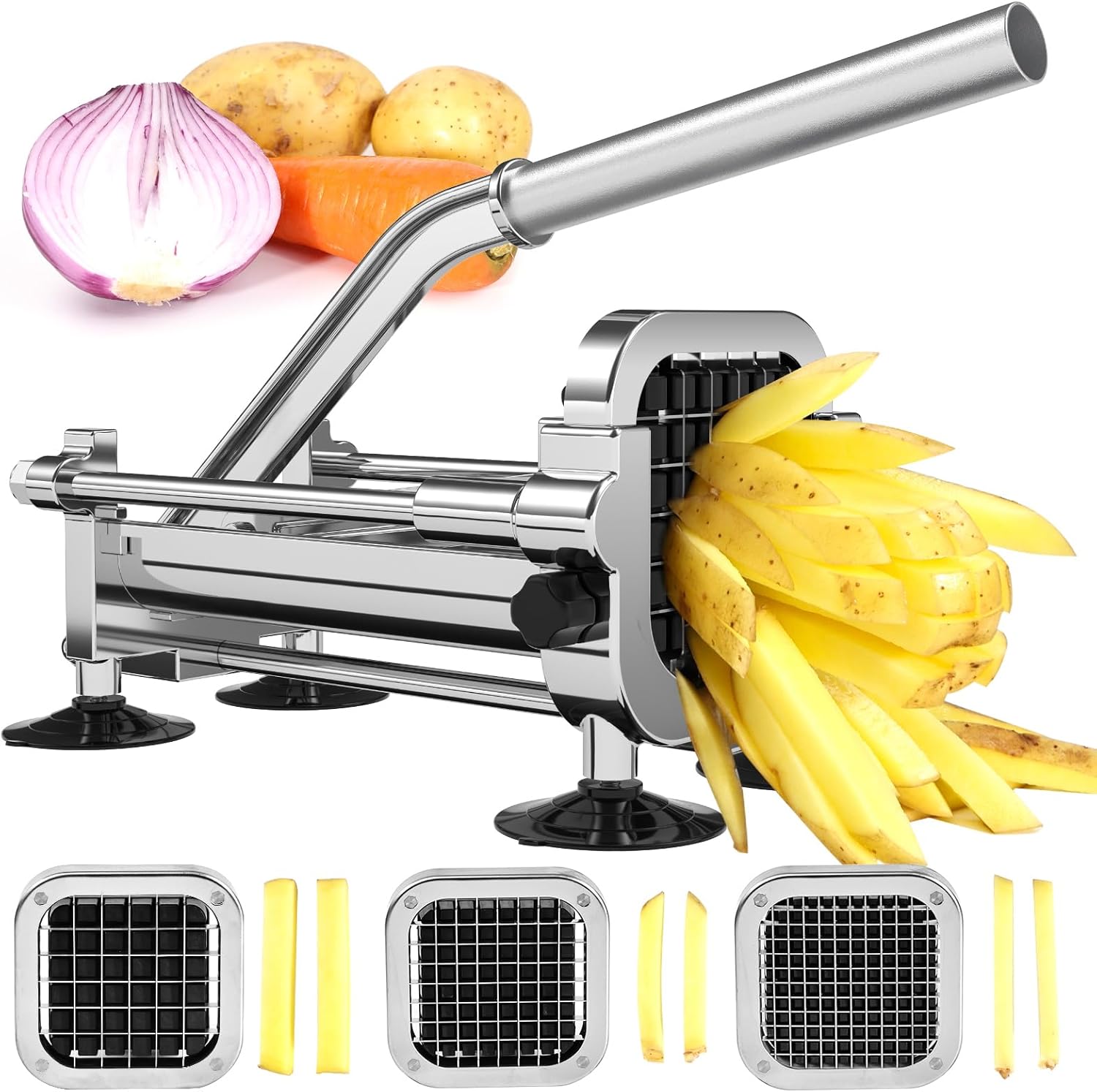 Friteskutter i rustfritt stål med utskiftbare kniver, klar til å kutte poteter til pommes frites.
