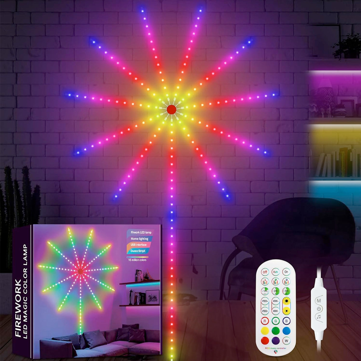 Musikkstyrt RGB LED-stripelys med fyrverkerieffekt, perfekt for fest, hjemmedekor og stemning.