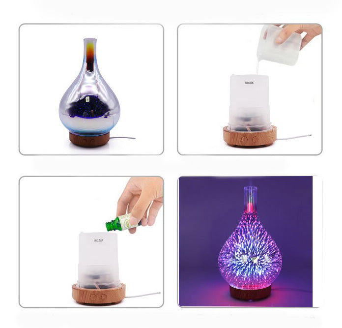 Elektronisk luftfukter og aroma diffuser med spektakulær fyrverkeri-lys effekt for hyggelig interiør.