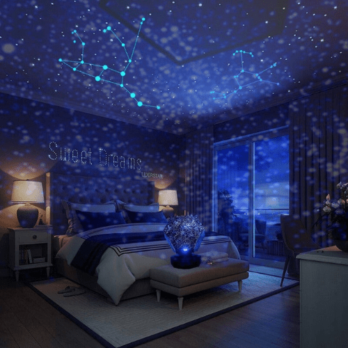 Galakseprojektor som fyller soverommet med en rolig, fargerik stjernehimmel. Perfekt nattlampe for avslapning.