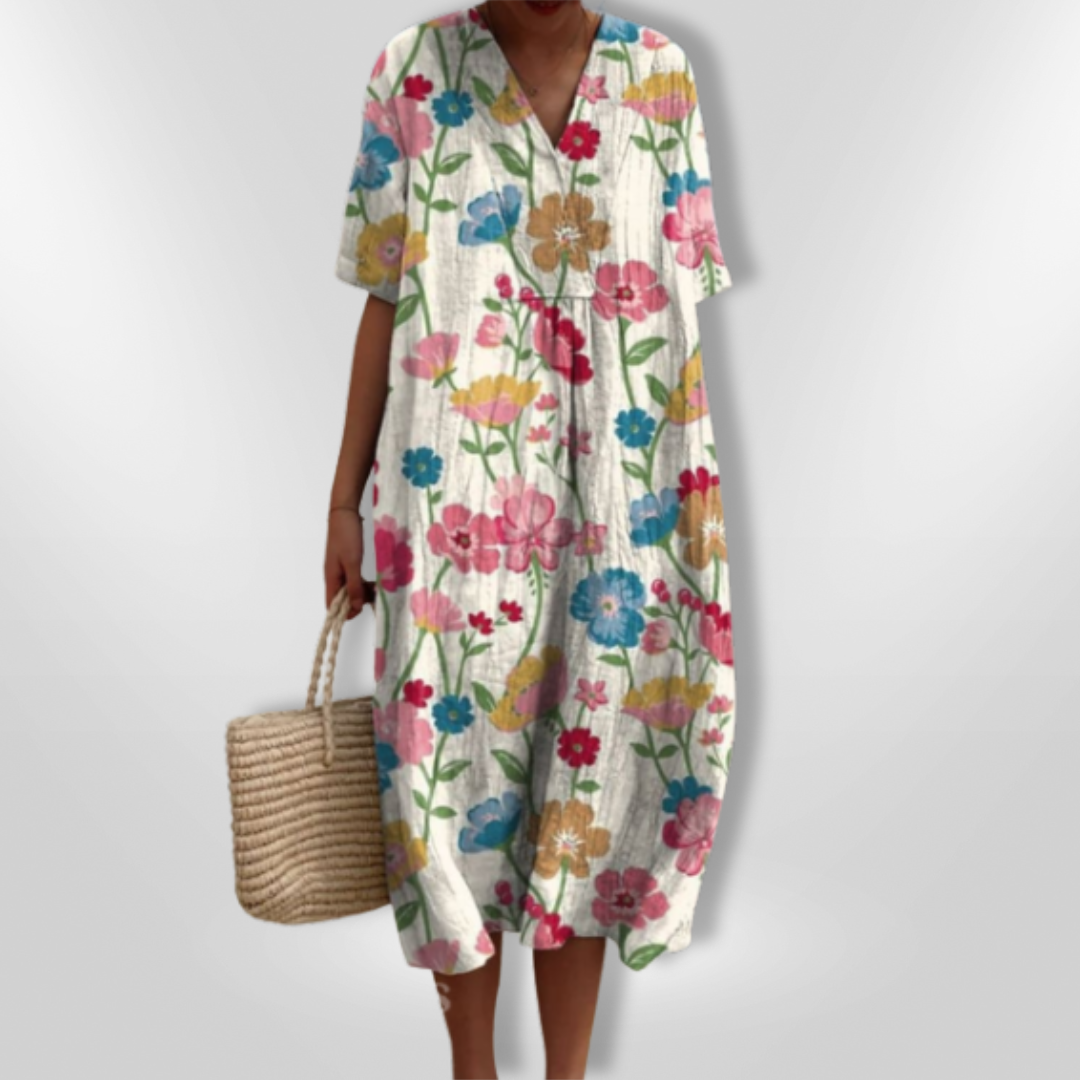 Damen Freizeitkleid mit V-Ausschnitt und Blumenmuster, locker und angenehm zu tragen im Sommer.