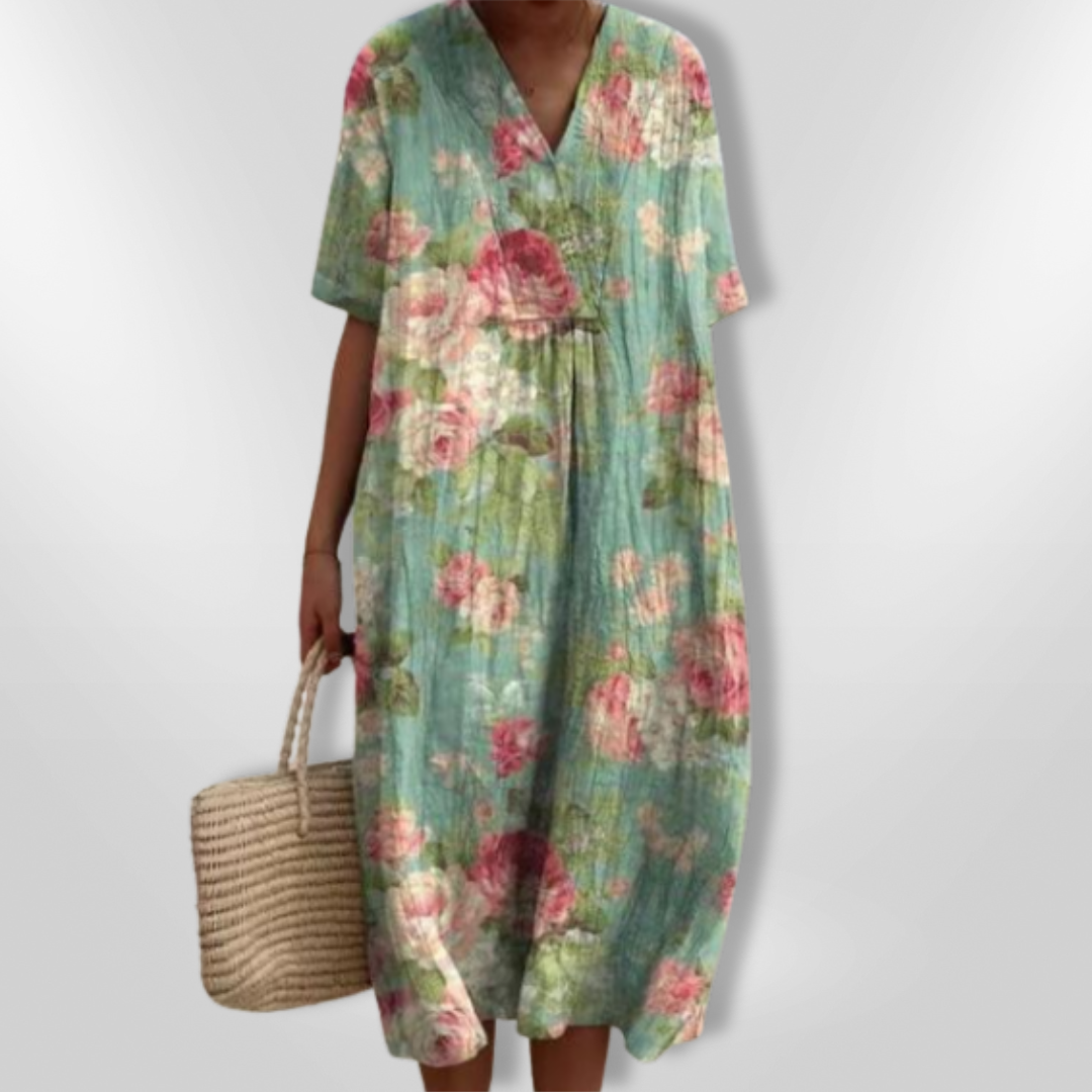 Stylisches Damen Sommer Maxikleid mit floralem Muster, V-Ausschnitt, ideal für Freizeit und Urlaub.