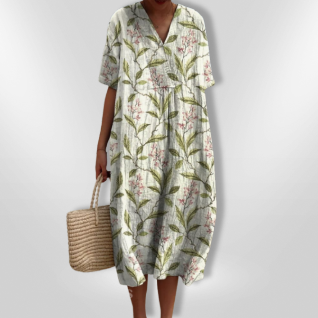 Weiches, atmungsaktives Damen Sommerkleid mit Blumendruck und V-Ausschnitt, locker und komfortabel.