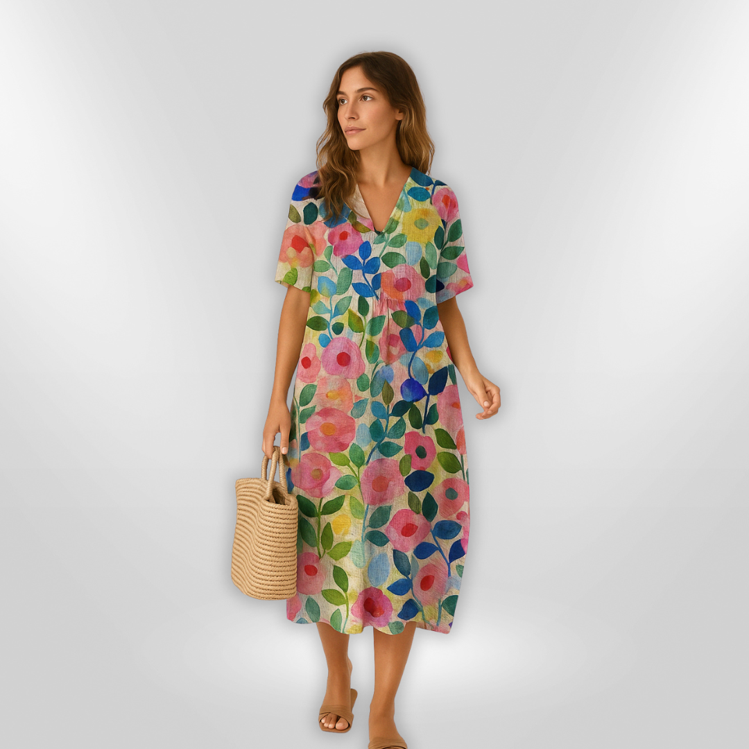 Langes Damen Sommer Maxikleid mit floralem Muster, V-Ausschnitt, bequem und leicht.