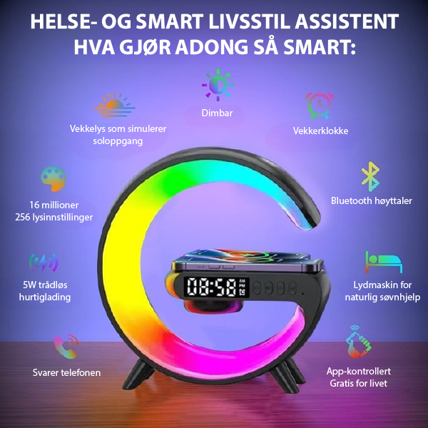GlowTunes smartlampe med integrert lys, lyd, trådløs lading og vekkerklokke for bedre start på dagen.