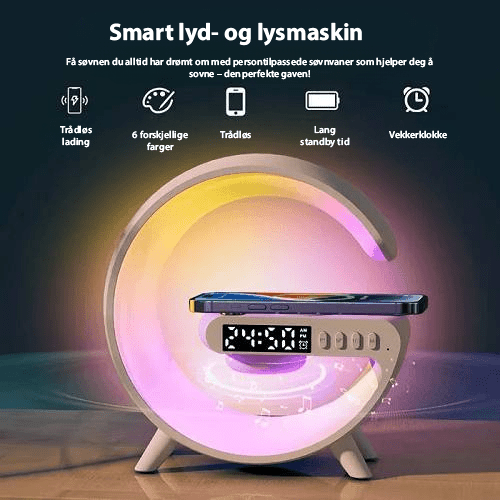 Elegant GlowTunes smartlampe for kontoret; kombinerer trådløs lader og Bluetooth-høyttaler.