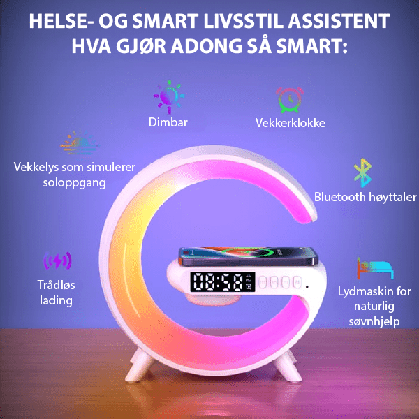 GlowTunes stemningslys med fargeterapi, Bluetooth-høyttaler og trådløs lader for avslapning.