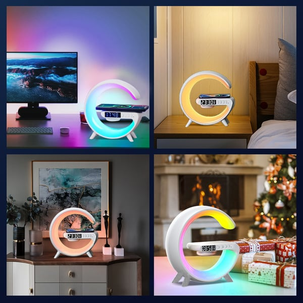 Innovativ gadget: smartlampe med vekkerklokke, Bluetooth-høyttaler, trådløs lader og ambient lys.