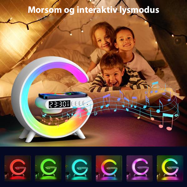 Multifunksjonell smartlampe; en vekkerklokke, høyttaler, trådløs lader og stemningslys i ett.