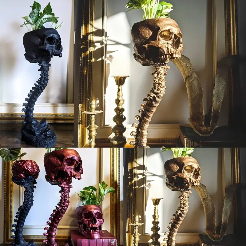 Dekorativ hodeskalle og ryggrad planter i resin, en skummel og stilfull innendørs dekor til Halloween.