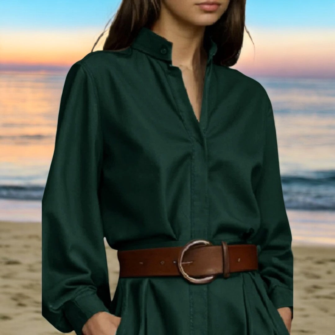 Elegant langermet damebluse med puffermer, brune knappedetaljer for hverdag og mote.