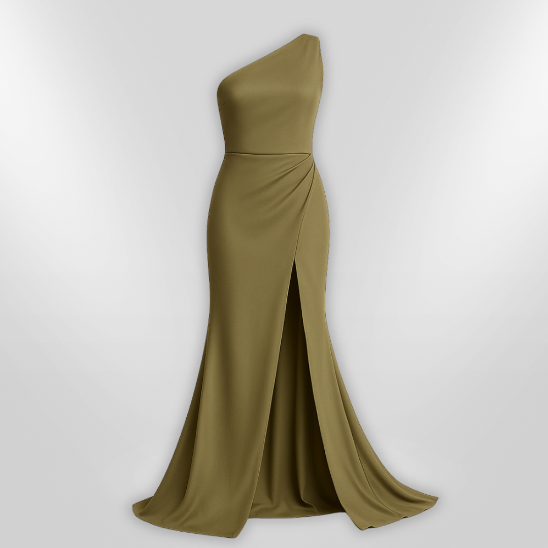 Asymmetrisk grønn kvinnekjole med en-skuldret design og flatterende høy splitt; elegant.