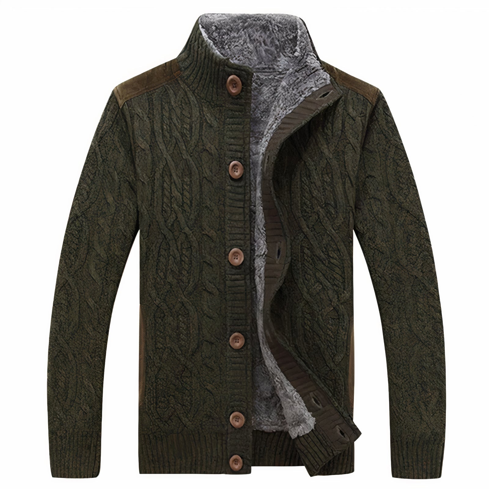 Grønn herre cardigan i klassisk strikk for varm og komfortabel stil. Perfekt for høst og vinter.