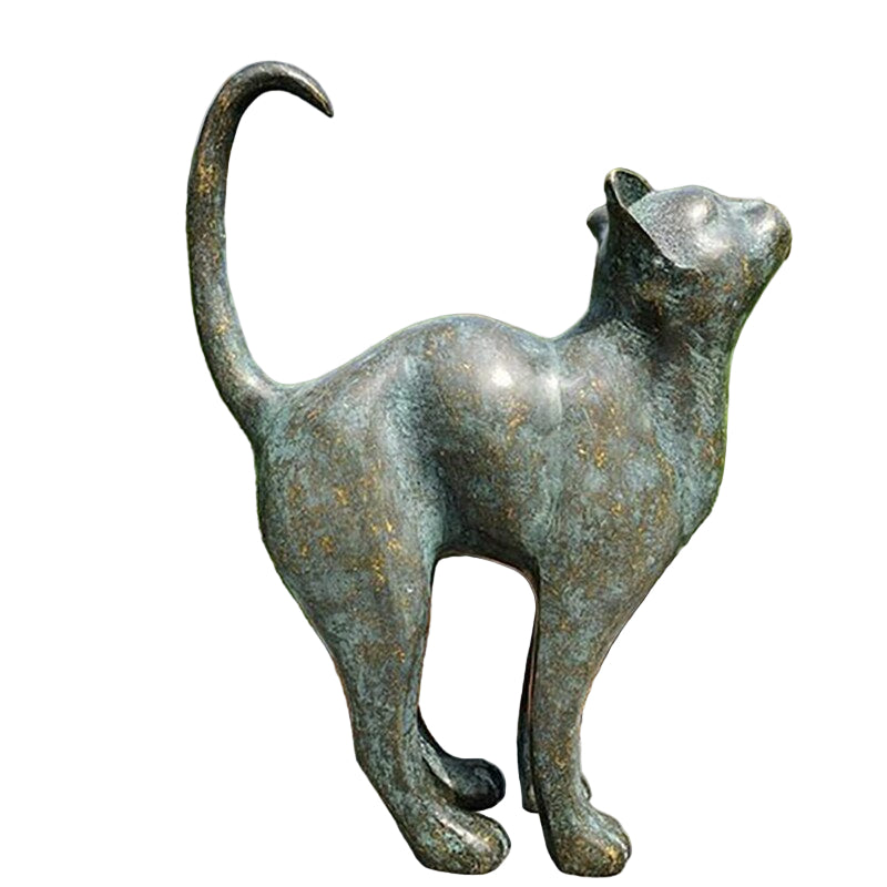 Grønn kattestatue i polyresin. Værbestandig hagefigur for utendørs dekorasjon og hagepynt.