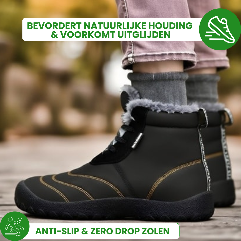 Detalj av vanntett materiale på herresko barfot vinter, sikrer tørre og varme føtter under alle forhold.