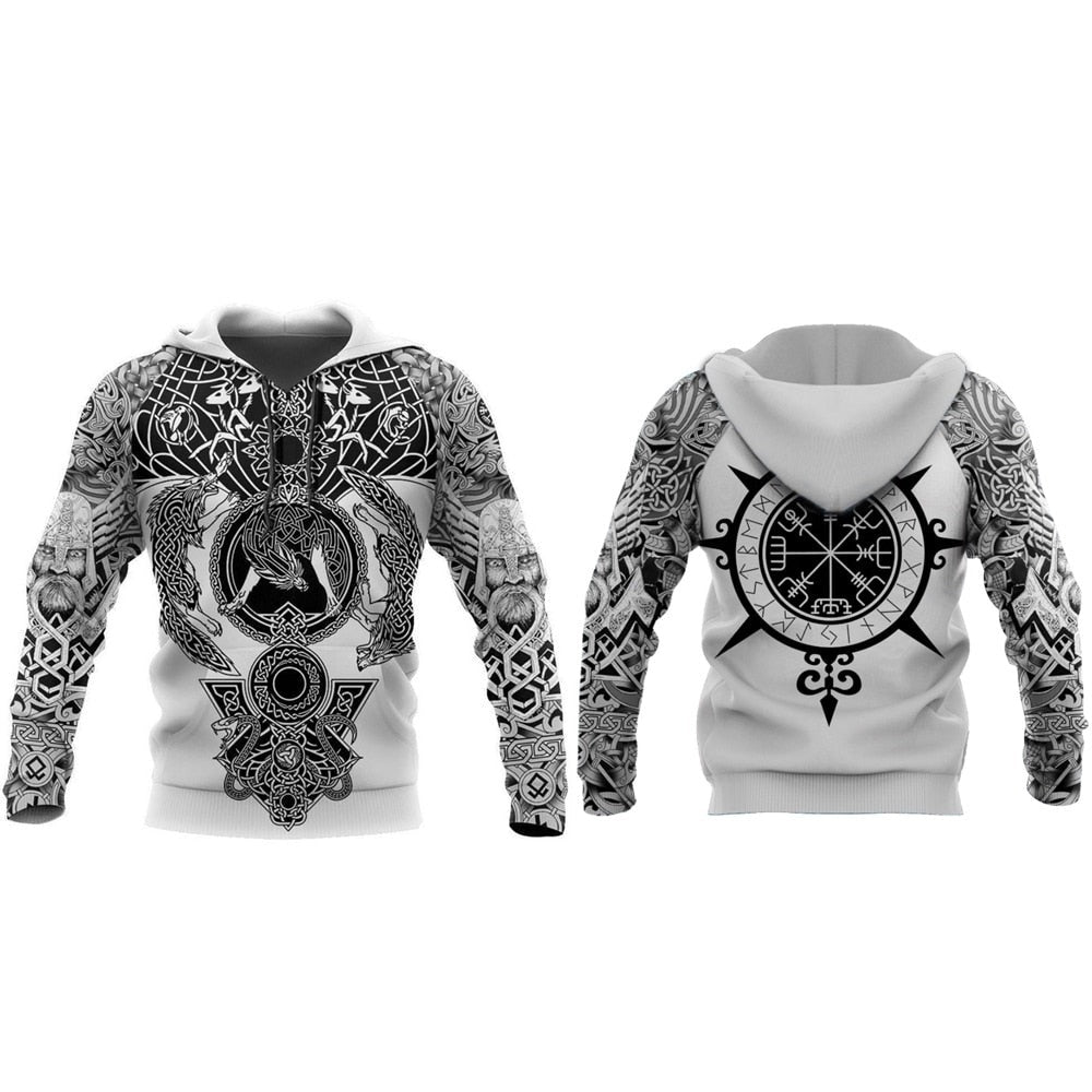 Herre hettegenser i grått med iøynefallende vikingmotiv. Moteriktig overdel for menn, fritidsmote og streetwear.