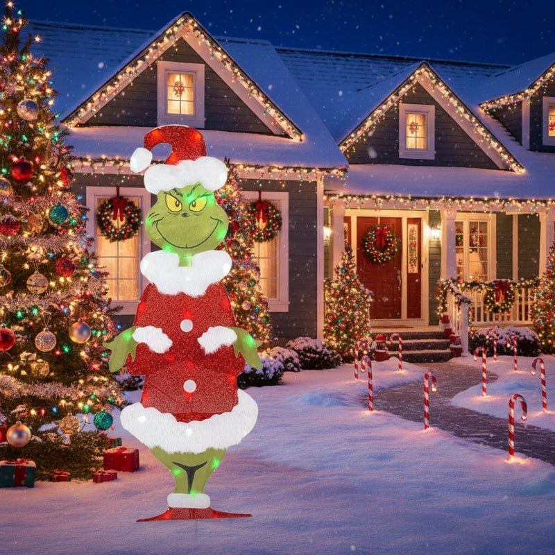 Lysende Grinch juledekorasjon med LED-pærer. Skaper julestemning i hagen med utendørslys.