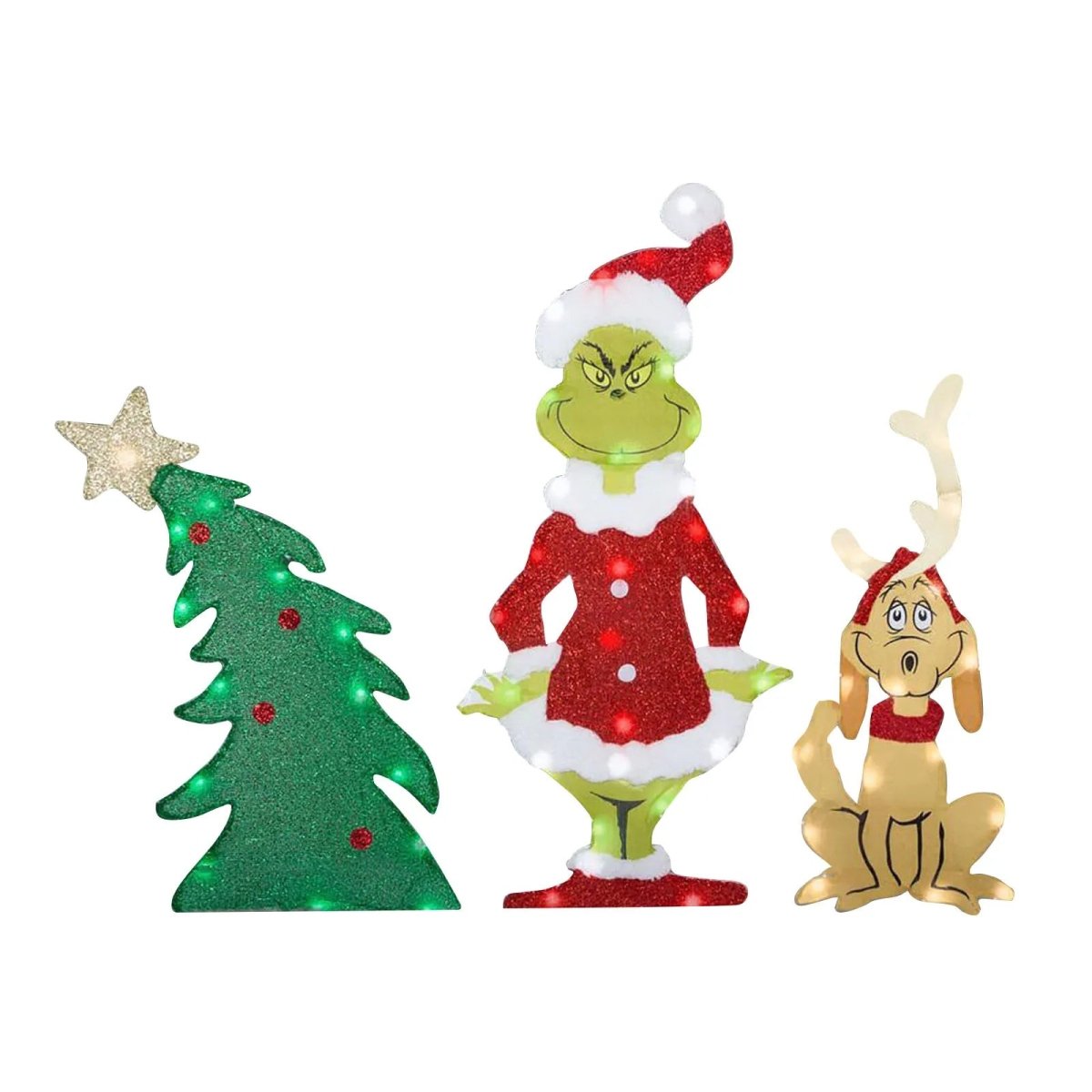 Festlig LED Grinch-figur som stjeler lys. Unik juledekorasjon for utendørs bruk i hagen.