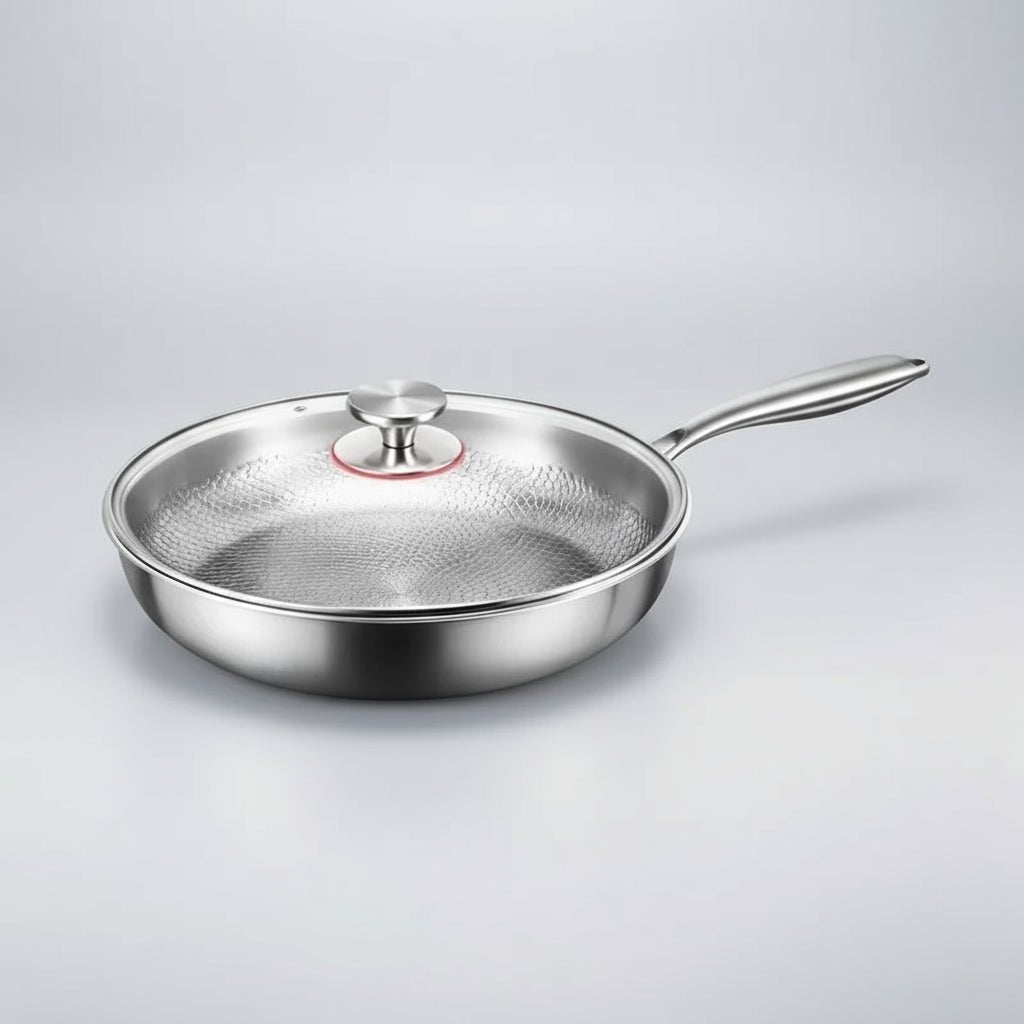 Kjøtt brunes i induksjons stekepanne. Titanpanne med jevn varmefordeling for perfekt searing og matlaging.