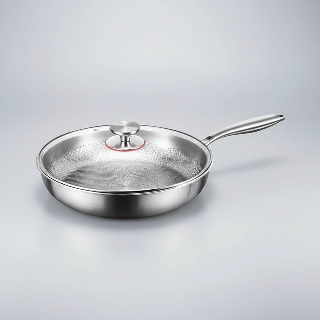 Håndhamret stekepanne i titan plassert på kjøkkenbenken. Elegant design og funksjonelt kjøkkenutstyr for alle.
