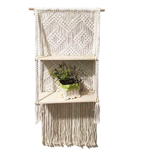 Håndlaget macramé hylle med frynser, boho veggdekorasjon i beige/hvit for stue.