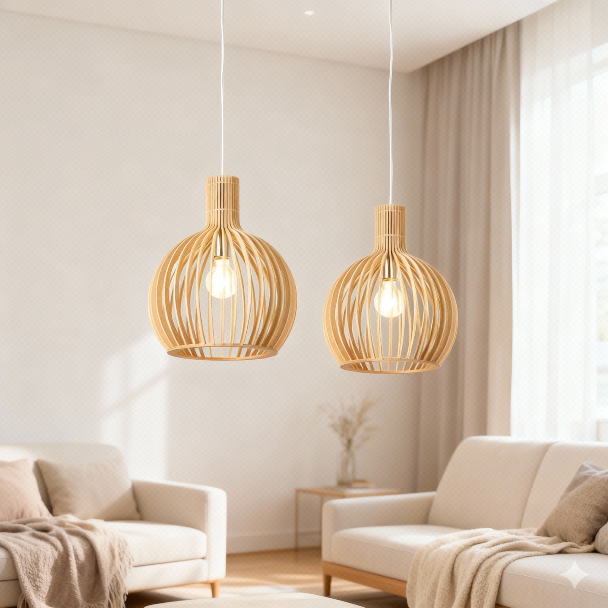 Elegant trelampe, pendel, med justerbar høyde. Skaper varm belysning i moderne spisestue.